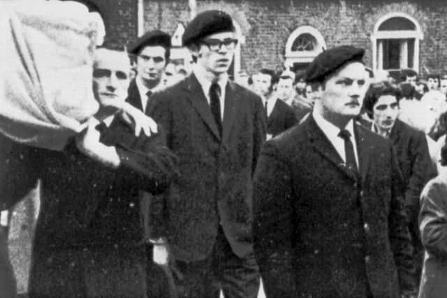 An undated picture, thought to be early 1970s, of Gerry Adams (centre) in Belfast, acting as a member of the guard of honour at the funeral of an IRA member. Adams was interned twice, and later convicted for twice attempting to escape. In May 2020, the UK Supreme Court ruled his internment unlawful, and so quashed his convictions for attempted escape. Photo: PA Wire
