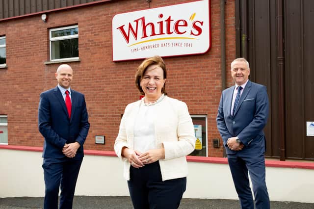 Pictured with the Economy Minister Diane Dodds during her visit to Tandragee based White’s Speedicook Ltd are James Mathers, General Manager at White’s Oats (left) and Trevor lockhart, Chief Executive, Fane Valley Co-Op (right)
