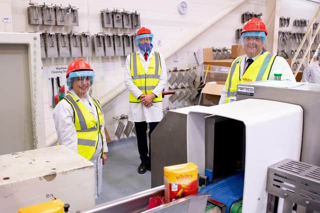 Pictured with the Economy Minister Diane Dodds during her visit to Tandragee based White’s Speedicook Ltd are James Mathers, General Manager at White’s Oats and Trevor lockhart, Chief Executive, Fane Valley Co-Op