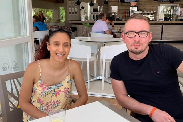 Katy De Freitas, 33, from Surrey, who flew to Ibiza on Saturday with her boyfriend Bart Dwurczuk, 29. Photo: Tom Pilgrim/PA Wire