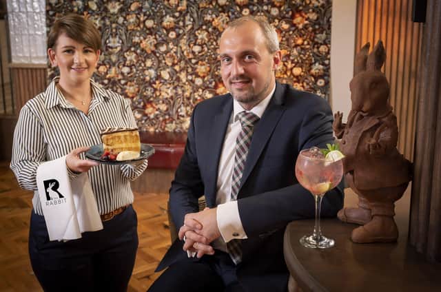 Pictured launching the new Rabbit Bar & Restaurant is Galgorm Collection Managing Director, Colin Johnston, with The Rabbit Restaurant Manager, Arlene Curran