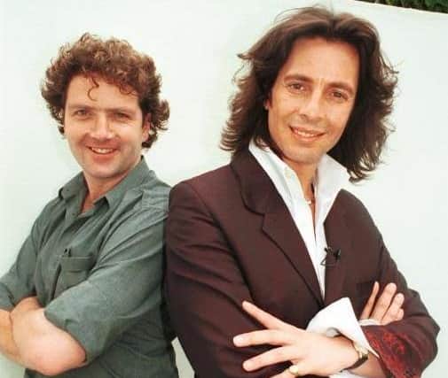 Diarmuid with Laurence Llewellyn Bowen taken during filming for Home Front in the Garden in 2000