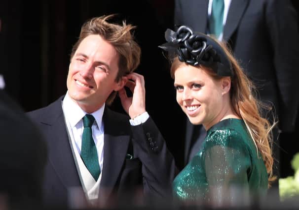 Princess Beatrice with her fiance, Edoardo Mapelli Mozzi, attending the wedding of Ellie Goulding and Caspar Jopling.