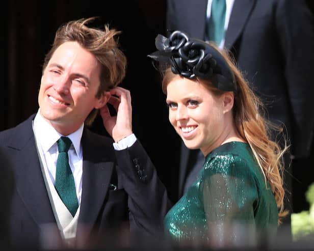 Princess Beatrice with her fiance, Edoardo Mapelli Mozzi, attending the wedding of Ellie Goulding and Caspar Jopling.