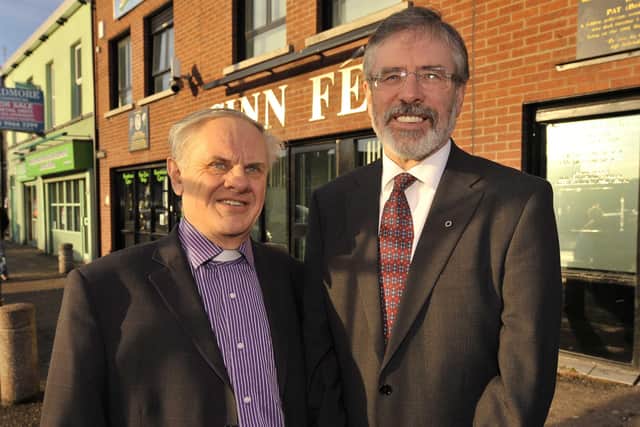 Presbyterian moderator Dr Norman Hamilton meets Sinn Fein's Gerry Adams at Sinn Feinn offices on the Falls Road in west Belfast in 2011. 
©Russell Pritchard / Presseye