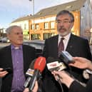 Rev Dr Norman Hamilton with Gerry Adams outside Sinn Feinn offices on the Falls Road, where they met in 2011
©Russell Pritchard / Presseye