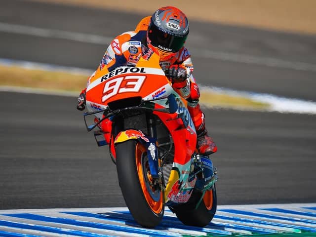 MotoGP world champion Marc Marquez broke his right arm following a crash at Jerez in Spain on Sunday.