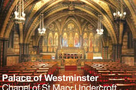 Photo issued by Royal Mail of a stamp showing the Chapel of St Mary Undercroft at the Palace of Westminster. The stamp is one of four, presented in a miniature sheet, issued to mark the 150th anniversary of the rebuilding of Palace of Westminster.