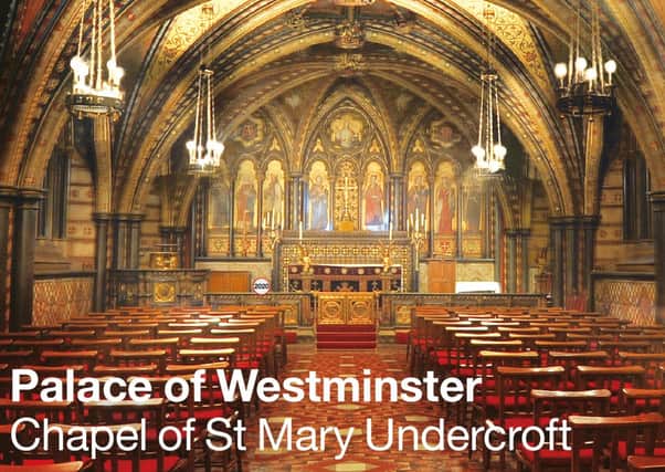 Photo issued by Royal Mail of a stamp showing the Chapel of St Mary Undercroft at the Palace of Westminster. The stamp is one of four, presented in a miniature sheet, issued to mark the 150th anniversary of the rebuilding of Palace of Westminster.