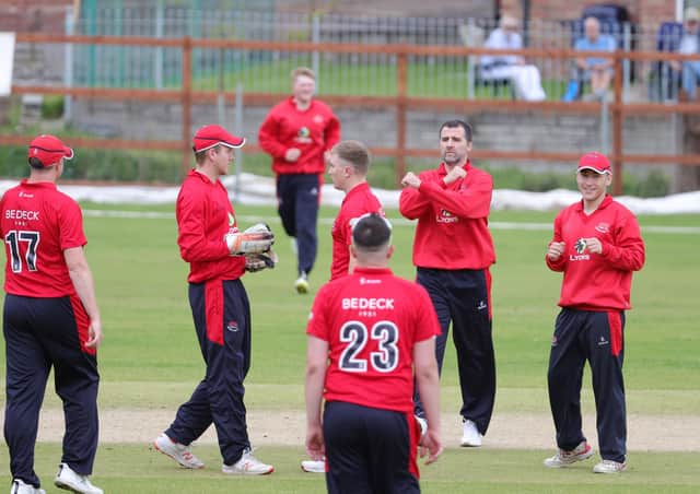 Waringstown's players celebrate a wicket during Saturday's match with Instonians at The Lawn. Picture: Pacemaker