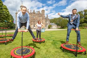 TV personality Stephen Mulhern joins Anne Donaghy, Chief Executive of Mid & East Antrim Borough Council and Mayor, Councillor Peter Johnston, in a socially distanced workout during Homefest at Glenarm Castle.  Photos by Paul Faith