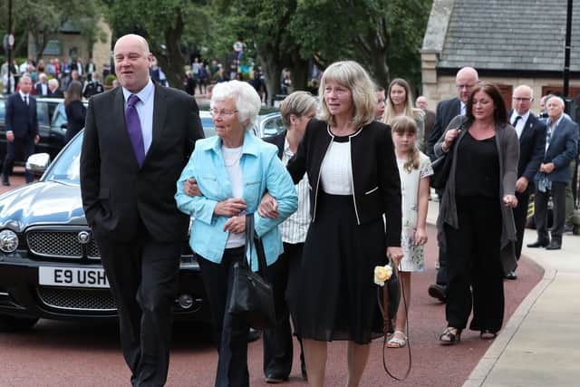 Wife Pat (centre) outside  West Road Crematorium, in Newcastle arriving for the funeral of Jack Charlton. The former Republic of Ireland manager, who won the World Cup playing for England, died on July 10 aged 85