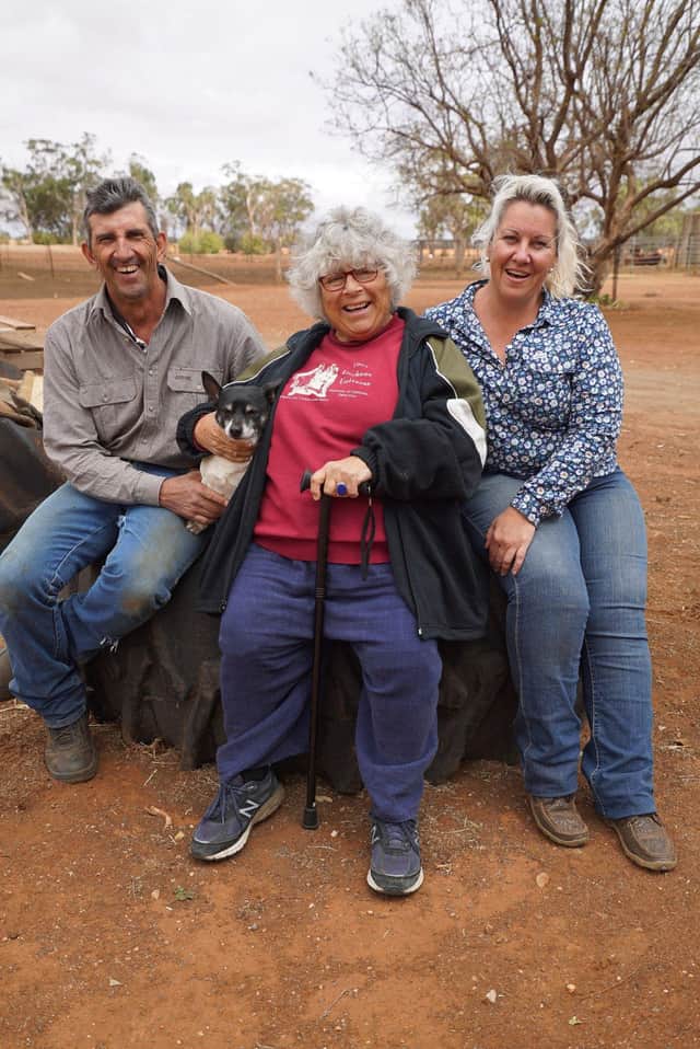 Miriam Margolyes with Justin and Katie O’Brien at the O’Brien Farm, Tottenham, NSW