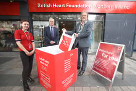 Belfast BHF NI shop manager Jasmin Lawther, BHF NI Head Fearghal McKinney and President of Belfast Chamber Michael Stewart