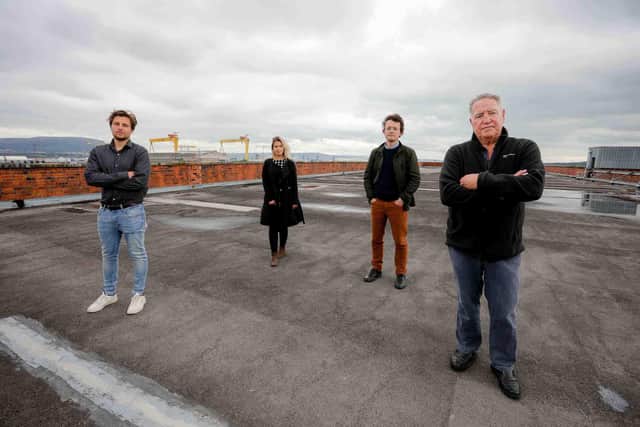 Pictured on the roof of the iconic building (from tight to left) are Portview Trade Centre Chairman Brendan Mackin and Centre Manager Gareth Neill, with Laura Haslett and Ralf Alwani from Urban Scale Interventions (USI), the Belfast-based company that is overseeing the concept development of the project and ensuring that it is sustainable and self-sufficient