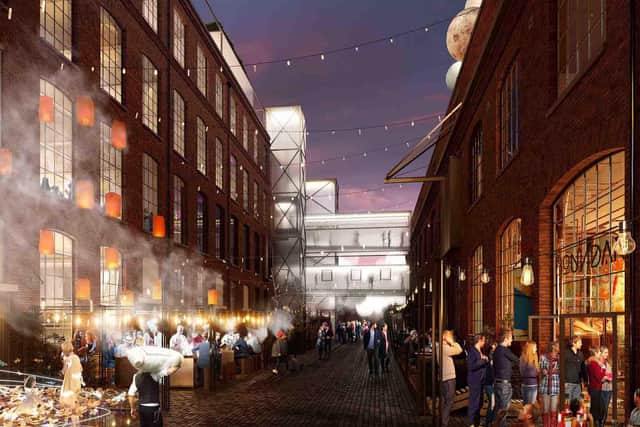 How the Portview Trade Centre courtyard might look in the future - booming with activity, from restaurants to boundary taprooms, pop up art exhibitions and cultural events
