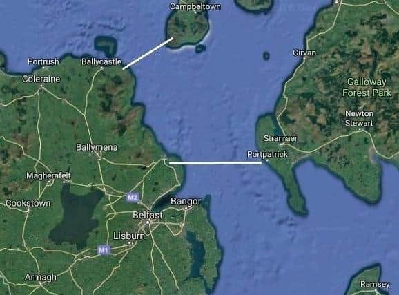Two potential locations for the bridge between Scotland and Northern Ireland.
