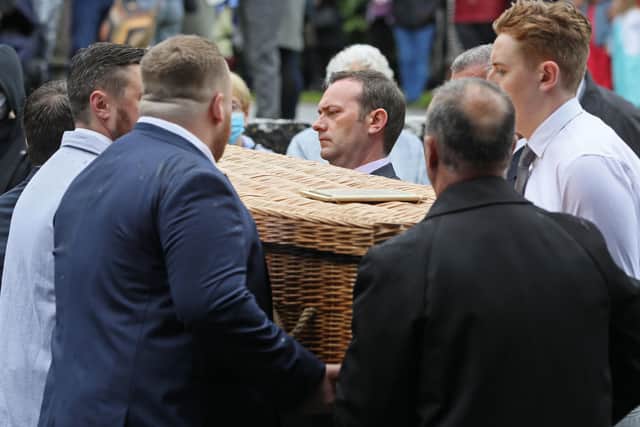 The coffin of CervicalCheck campaigner Ruth Morrissey arrives for her funeral at Mary Magdalene Church, Monaleen, Co. Limerick