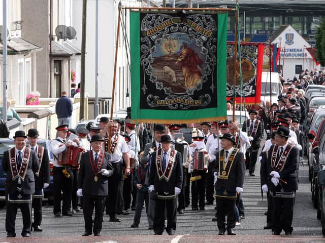 Members of Ahoghill RBP 173 taking part in the 2010 Last Saturday demonstration