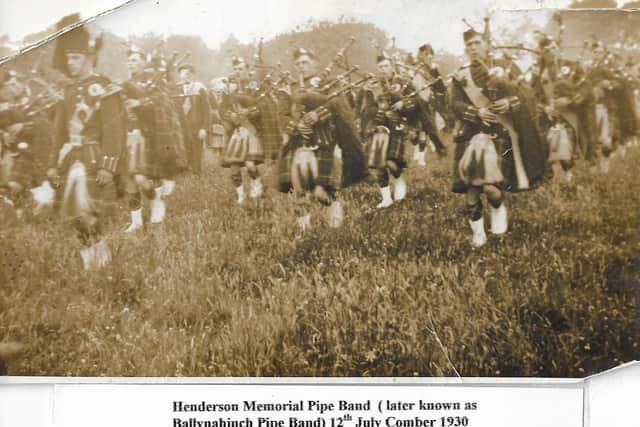 Henderson Memorial Pipe Band (later known as Ballynahinch Pipe Band) at Comber forThe Twelfth in 1930. First from right is T Gourley, third from left is John Duffield. Picture courtesy of Derek Duffield