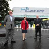 Brian Ambrose (right), Chief Executive at Belfast City Airport has announced six new Aer Lingus routes from Belfast City Airport to Edinburgh, Manchester, Birmingham, East Midlands, Leeds Bradford and Exeter. David Shepherd (second from right), Chief Commercial Officer at Aer Lingus said the move will ensure connectivity between Northern Ireland and the rest of the UK. Andy Jolly (left) , Managing Director of Stobart Air the operator of Aer Lingus Regional routes, confirmed five ATR72-600 aircraft would be based at Belfast City Airport. Economy Minister Diane Dodds (second from left) was at the airport for the announcement.