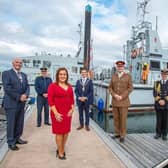 Anne Donaghy, chief executive of Mid and East Antrim Council, with (from left) Deputy Lord Lieutenant Norman Walker, Air Marshall Sean Reynolds,the Mayor, Councillor Peter Johnston, Brigadier Chris Davies, Captain Chris Smith and the Deputy Mayor, Cllr Andrew Wilson, to welcome  The Royal Navy's P2000 vessels to  Carrickfergus  marina as part of their summer deployment.
