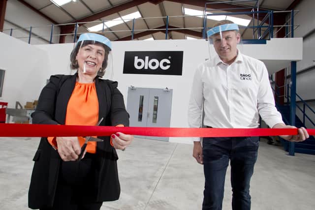 Economy Minister Diane Dodds officially opened the new PPE manufacturing facility at Bloc Blinds in Magherafelt. Pictured with the Minister is Cormac Diamond, Managing Director at Bloc Blinds