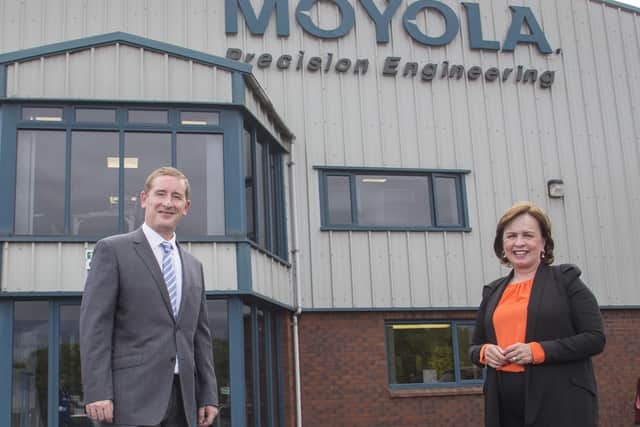 Economy Minister Diane Dodds visited Moyola Precision Engineering in Castledawson to see how the company was managing to maintain its level of productivity and implement ongoing business improvement. Pictured with the Minister is Mark Semple, CEO at Moyola Precision Engineering