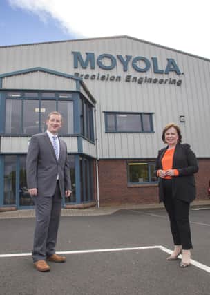 Economy Minister Diane Dodds visited Moyola Precision Engineering in Castledawson to see how the company was managing to maintain its level of productivity and implement ongoing business improvement. Pictured with the Minister is Mark Semple, CEO at Moyola Precision Engineering