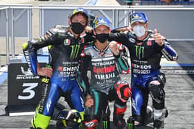 Yamaha top three (L-R) Valentino Rossi, race winner Fabio Quartararo and Maverick Vinales