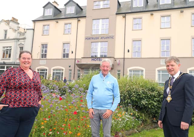 Pictured at Portrush Atlantic Hotel (L to R) are Natasha Garrott, General Manager of Atlantic Hotel, John McGrillen, CEO of Tourism NI and Alderman Mark Fielding, Mayor of Causeway Coast and Glens