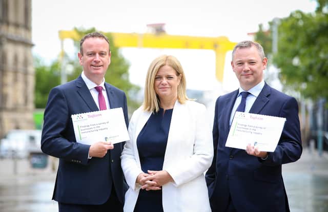 Stephen Kelly, MNI, Maureen Treacy of Perceptive Insight and James Donnelly, partner, Tughans photographed pre Covid 19