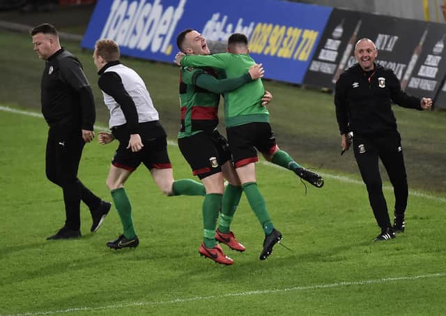 Glentoran celebrate Irish Cup semi-final success over Cliftonville. Pic by Pacemaker.