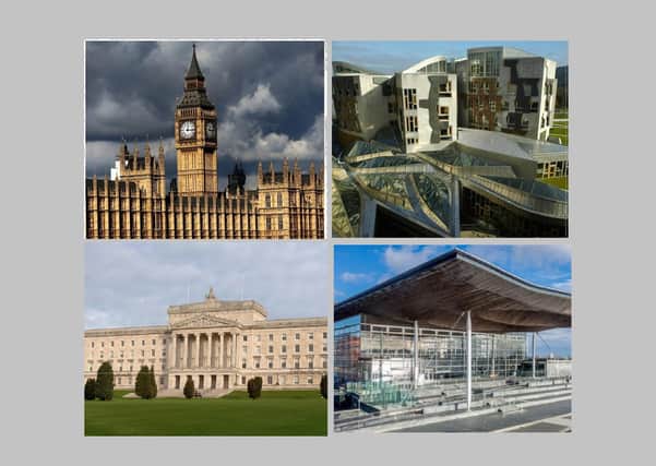 The UK government at Westminster, top left, is guarding against the devolved assemblies in, clockwise from top right, Edinburgh, Cardiff and Belfast doing their own thing regardless of common national interest