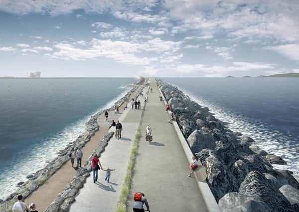 An artist's impression of the six-mile sea-wall plan for a Swansea Bay tidal lagoon power generator. The project was not built but Robert Park says that a bridge to Scotland could deliver on the trials of the lagoon to help provide clean, green, secure energy. "We cannot limit the scope of the bridge feasibility study," he writes
