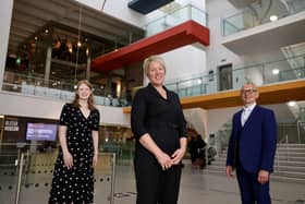 Kathryn Thomson (centre), Chief Executive of National Museums NI, pictured with the Ulster Museum's Visitor Services Manager Jessica Hoyle (left) and General Manager Ray Williams (right)