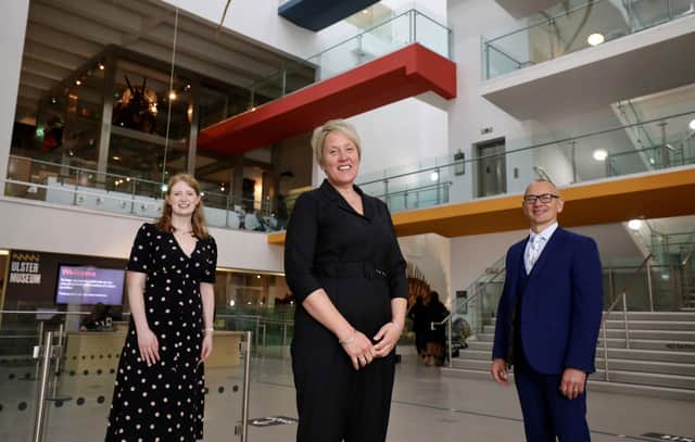 Kathryn Thomson (centre), Chief Executive of National Museums NI, pictured with the Ulster Museum's Visitor Services Manager Jessica Hoyle (left) and General Manager Ray Williams (right)