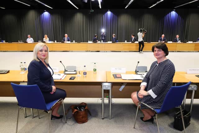 First Minister Arlene Foster (right) and deputy First Minister Michelle O'Neill at Dublin Castle during the first summit of the North South Ministerial Council (NSMC) since before Northern Ireland's powersharing administration collapsed.