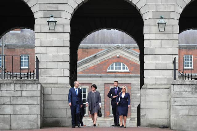 Taoiseach Micheal Martin, First Minister Arlene Foster, Tanaiste Leo Varadkar and deputy First Minister Michelle O'Neill at Dublin Castle.