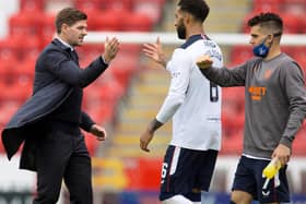 Rangers manager Steven Gerrard (left) shakes hands with Connor Goldson after the Ladbrokes Scottish Premiership match at Pittodrie Stadium