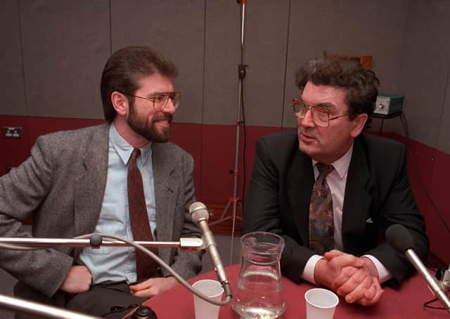 Gerry Adams and John Hume in a BBC studio in  March 1992; it was the first time they had met since 1988