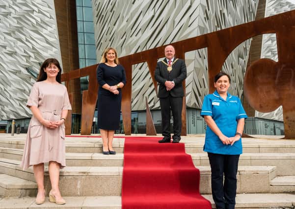 L to R. Titanic Foundation’s Kerrie Sweeney, Titanic Belfast’s Judith Owens, Belfast’s First Citizen, the Right Honourable, the Lord Mayor, Councillor Frank McCoubrey and Community Nurse, Leslie Anne Armstrong.