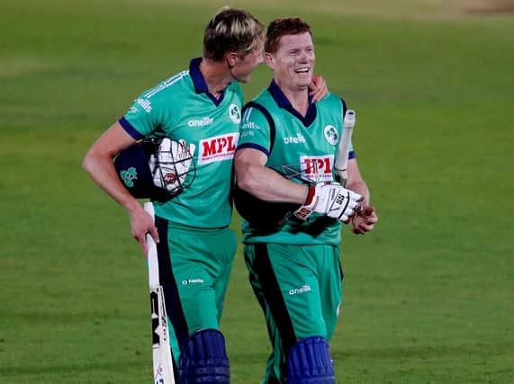Ireland's Harry Tector (left) celebrates with Kevin O'Brien after winning the third One Day International match at the Ageas Bowl