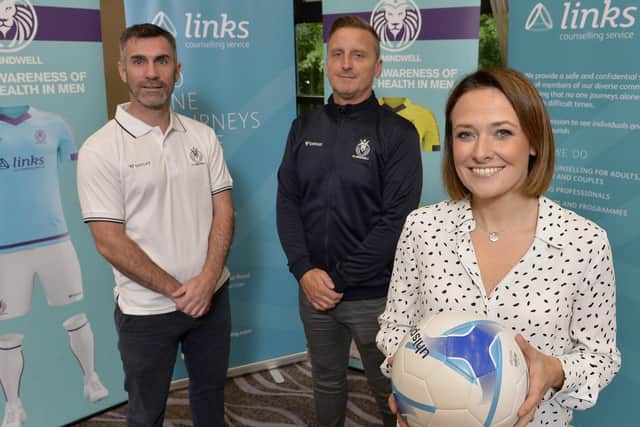 At the launch of FC Mindwell, Northern Ireland's first football club dedicated to helping people with mental health, ex- Northern Ireland hero Keith Gillespie and ex-Irish League star Ciaran Feehan and Laura Wylie from the Links Counselling Service, Mindwell FC's charity partner