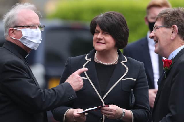 (left to right) The Bishop of Derry, Donal McKeown, First Minister Arlene Foster and former DUP MLA Tommy Gallagher outside St Eugene's Cathedral ahead of the funeral of John Hume. (Photo: PA Wire/Stephen Latimer)