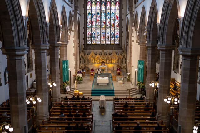 The funeral of John Hume took place in a sparsely-populated St Eugene's Cathedral in Londonderry. Photo: Stephen Latimer/PA Wire