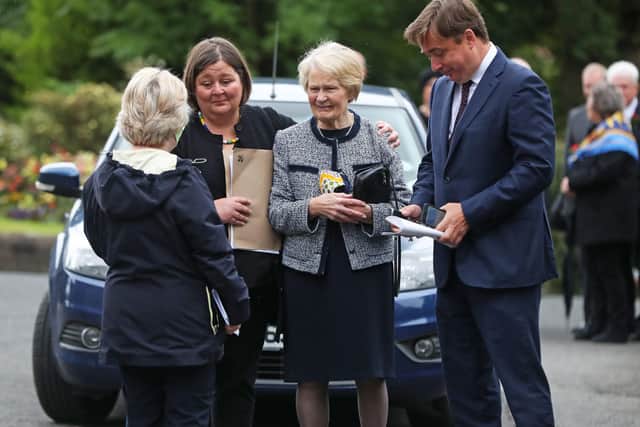 John Hume's widow Pat speaks to mourners outside St Eugene's Cathedral in Londonderry ahead of the funeral of her husband. Photo: Niall Carson/PA Wire