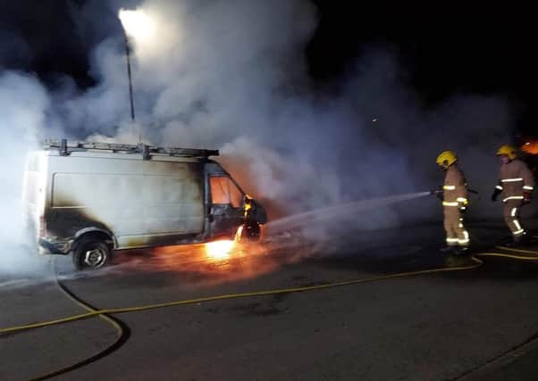 A burning van in Galliagh in the early hours of this morning.