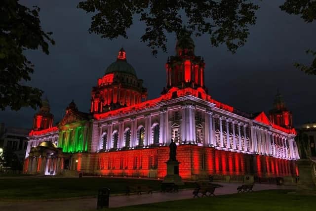 Belfast City Hall is lit up in sympathy with the explosion in Beirut. Pic taken by Ross McMullan, Alliance Party councillor in Belfast, who lived in Lebanon 10 years ago