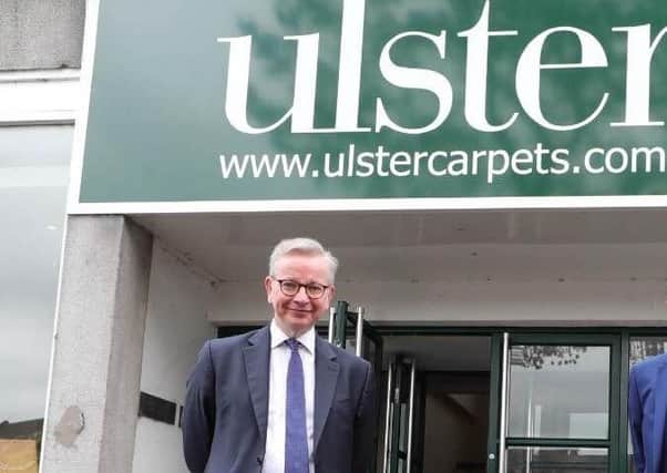 Chancellor of the Duchy of Lancaster Michael Gove during his visit to the Ulster Carpets factory in Co Armagh on Friday. Photo: Press Eye/PA Wire